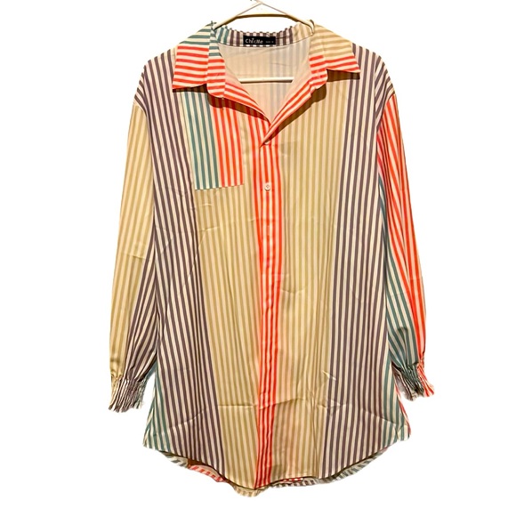 M ChicMe Women Striped Button Down Collar Shirt Casual Long Sleeve Blouse Top - Picture 5 of 17
